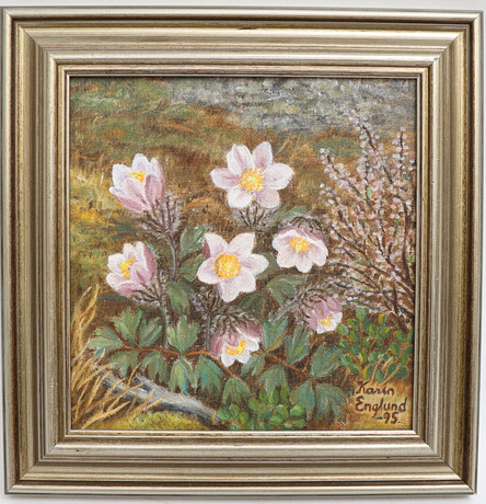 KARIN ENGLUND. Motiv med blomster, oljemålning på duk, signerad och daterad 95. på auktion hos Falun Auktionsbyrå