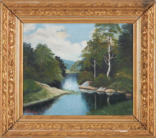 OIDENTIFIERAD KONSTNÄR. Flodlandskap, olja på duk, monogramsignerad D.L, daterad 1909. på auktion hos Stockholms Auktionsverk Sickla