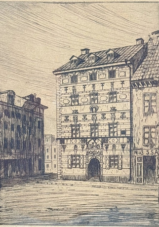 HARALD SALLBERG. Etsning, "Hörnan" Arsenalsgatan, signerad H.a Sallberg.