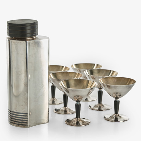 FOLKE AHRSTRÖM. Cocktailset, 7 dlr,. Guldsmedskatiebolaget (GAB), 1930-tal. Funkis. på auktion hos Crafoord Auktioner Stockholm