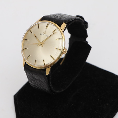 HERRARMBANDSUR, Certina, 14k, guld, med armband av läder, stämplad. på auktion hos Falun Auktionsbyrå