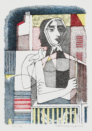 AXEL OLSON (1919-2001, Halmstadgruppen), ”Kvinna och fågel”, signerad och numrerad 129/199, litografi. på auktion hos Crafoord Auktioner Stockholm