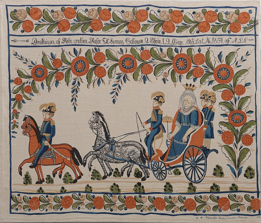 BONADER. 2 st, tryck på canvas, allmogestil, 1900-tal.