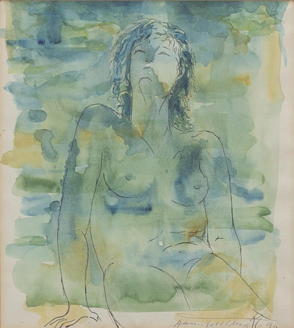 KARIN M TULLBERG. "Figur i grönskan", akvarell, signerad. på auktion hos Garpenhus Auktioner