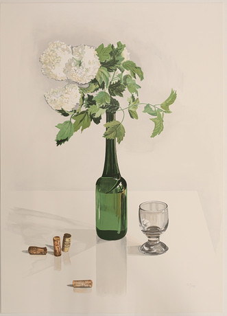 URSULA KRAUSE OEHME, färglitografi, stilleben blommor glas och korkar, numrerad 136/190, signerad, daterad-90. på auktion hos Limhamns Auktionsbyrå