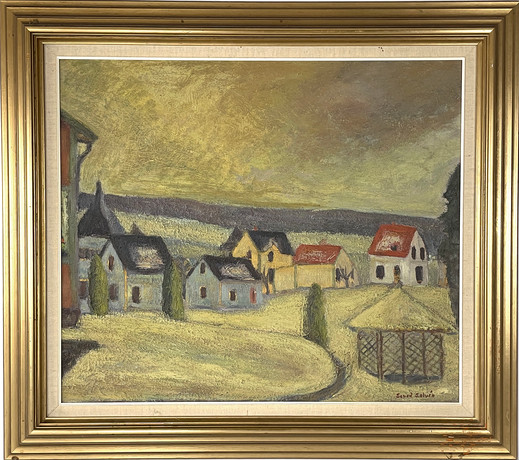 SEVED SALVÉN (1903-1982), olja på pannå, by med hus, signerad. på auktion hos Roslagens Auktionsverk