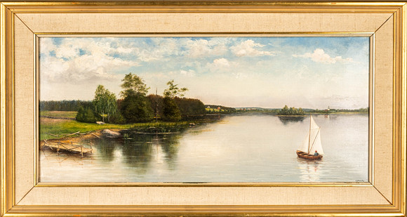 MALCOLM SKANTZ. Olja på duk, Båt i landskap, Signerad och daterad 1895. på auktion hos Norrlands Auktionsverk
