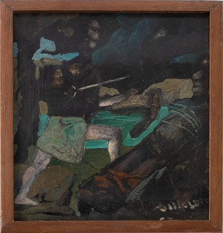 GREGORY GILLESPIE (1936-2000). GREGORY GILLESPIE. "The end of evil", olja på kartong, etikett från galleri Ern på auktion hos Stockholms Auktionsverk Helsingborg
