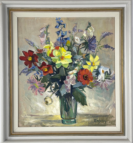 OIDENTIFIERAD KONSTNÄR, möjligen Erik Kylberg (1882-1947), olja på pannå, blomsterstilleben, signerad EK samt på auktion hos Roslagens Auktionsverk