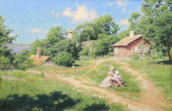 JOHAN KROUTHÉN. Olja på duk, stugexteriör med lekande barn. Signerad och daterad 1910. på auktion hos Gomér & Andersson Linköping