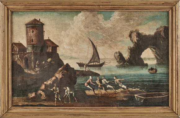 ITALIENSK SKOLA, 1700-TAL. Efterföljare till Salvator Rosa. Kustmotiv med fiskare som drar upp nät. på auktion hos Stockholms Auktionsverk Magasin 5