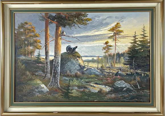 TORSTEN MEULLER. Skogsmotiv med tjädrar, olja på duk, signerad T. Meuller. på auktion hos Roslagens Auktionsverk