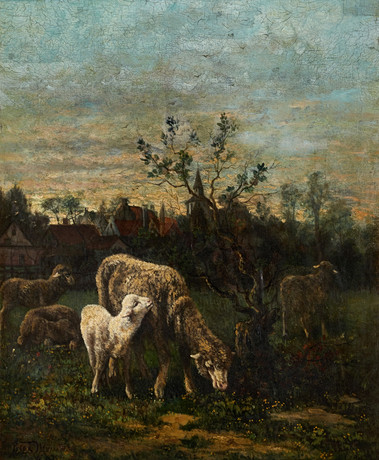 FRANSK SKOLA (1800-tal). Gårdslandskap med får, signerad Peter Neumans, daterad 1878, olja på duk. på auktion hos Crafoord Auktioner Stockholm