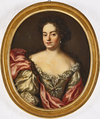 OIDENTIFIERAD KONSTNÄR. Porträtt föreställande Catharina Elisabet von Sack (1640–1705), f. Kurck, olja på duk, på auktion hos Stockholms Auktionsverk Magasin 5