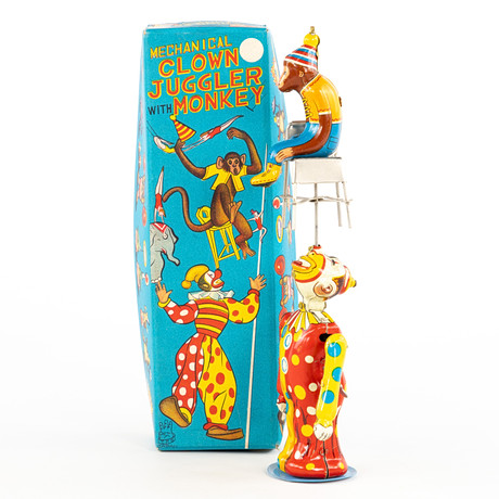 PLÅTLEKSAK, "Clown juggler with monkey", T.P.S. Japan. på auktion hos Karljohan Auktioner