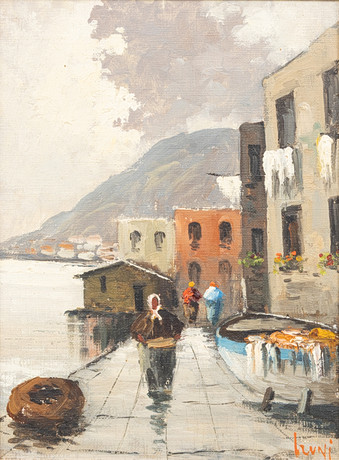 OIDENTIFIERAD KONSTNÄR (ITALIEN, 1900-TAL. Hamnmotiv, Italien, olja på duk, otydligt signerad. på auktion hos Garpenhus Auktioner