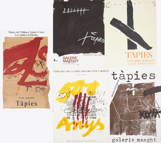 ANTONI TÀPIES. EFTER. Utställningsaffischer, 5 st, Galerie Maeght, Musée de l'Abbaye Sainte-Croix. på auktion hos Stockholms Auktionsverk Sickla