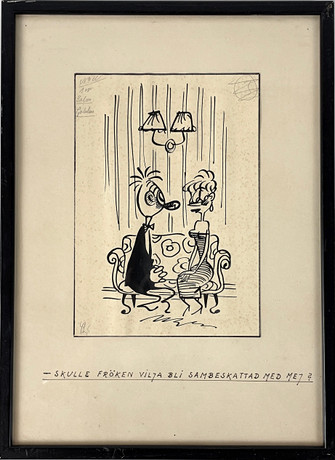 TORVALD GAHLIN (1910 - 2006), tuschteckning, "Skulle fröken..", märkt Salon Gahlin. på auktion hos Roslagens Auktionsverk