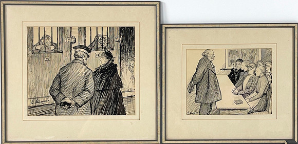 ENOCH RINGNÉR (1870-1967), 2 st, tuschteckningar, fängelse samt skola, signerade. på auktion hos Roslagens Auktionsverk