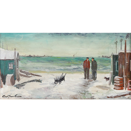 ANGEL DE LA CRUZ. OIL CANVAS. FISHERMEN ON THE BEACH. Art