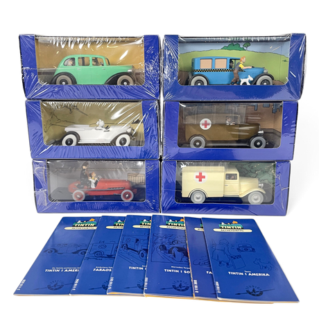 SAMLARBILAR, 6 stycken, "Tintin", Hergé-Moulinsart, 2000-tal, obrutna förpackningar, med äkthetsintyg. på auktion hos Roslagens Auktionsverk