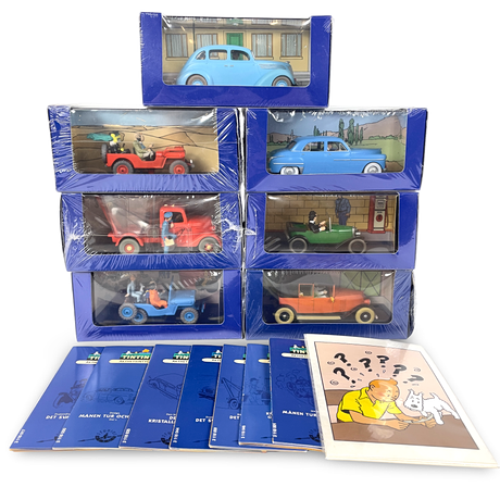 SAMLARBILAR, 7 stycken, "Tintin", Hergé-Moulinsart, 2000-tal, obrutna förpackningar, med äkthetsintyg. på auktion hos Roslagens Auktionsverk