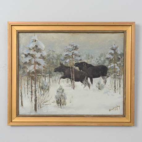 HARALD WIBERG. Älgar i vinterlandskap, olja på pannå, signerad samt daterad 1939. på auktion hos Formstad Auktioner