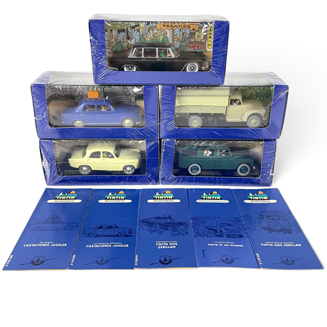 SAMLARBILAR, 5 stycken, "Tintin", Hergé-Moulinsart, 2000-tal, obrutna förpackningar, med äkthetsintyg. på auktion hos Roslagens Auktionsverk