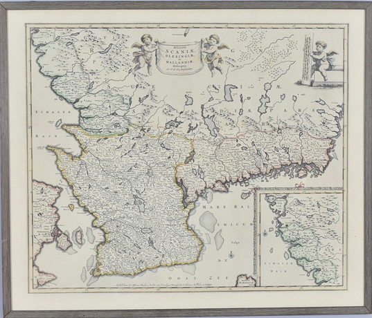 FREDERIK DE WIT. EFTER. KARTA, Scania Blekinge et Hallandia, litografi efter kopparstick,