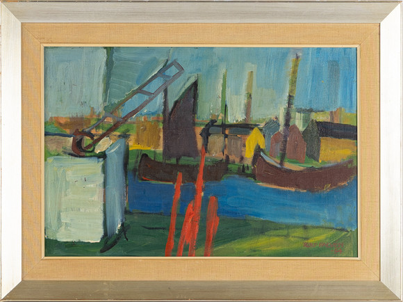 ROLF PALVÉN. Hamnmotiv med fartyg, olja på pannå, signerad och daterad 1954. på auktion hos Stockholms Auktionsverk Helsingborg