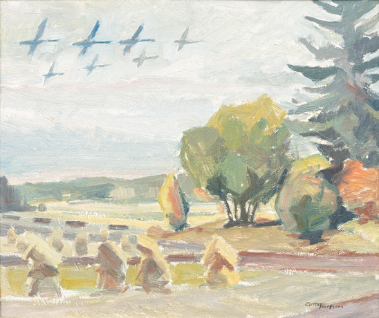 GÖSTA JOSEFSSON (1900-TAL). Fågelstreck i Uppländskt landskap, olja på pannå, signerad. på auktion hos Garpenhus Auktioner