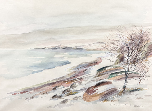 BENGT ANDERSSON RÅSSBYN. AKVARELL, "Båtar i vila II Strandbynäs", signerad, daterad-80. på auktion hos Auktionshuset STO Bohuslän