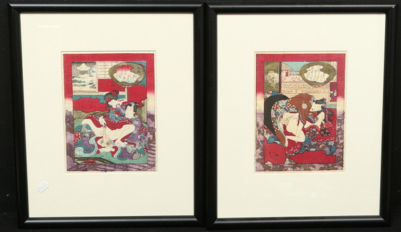 OIDENTIFIERAD KONSTNÄR. Shunga, 2st, kolorerade träsnitt, Japan, sannolikt 1800-tal. på auktion hos Gomér & Andersson Linköping