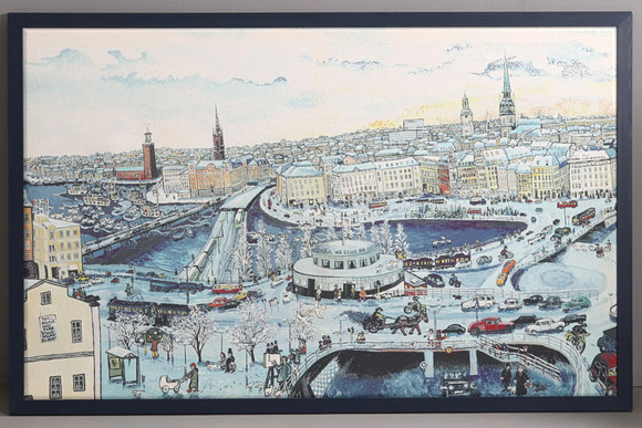 BENGT ELDE. EFTER. STORT TEXTILTRYCK. "Stockholm", signerad i tryck. på auktion hos Örebro Stadsauktioner