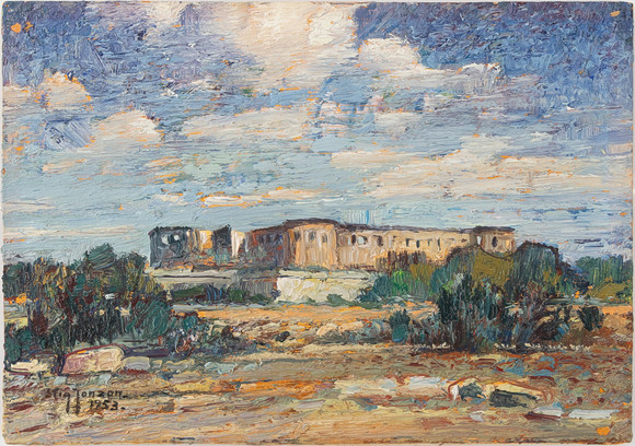 STIG JONZON. "Borgholms slottsruin", olja på pannå, signerad och daterad 1953. på auktion hos Stockholms Auktionsverk Helsingborg