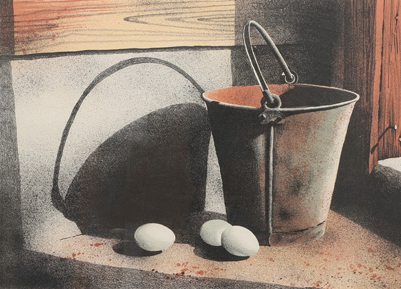NILS-ERIK JOHANSSON. Färglitografi, stilleben hink och ägg, numrerad 72/180, signerad, daterad 1984. på auktion hos Ekenbergs Auktioner