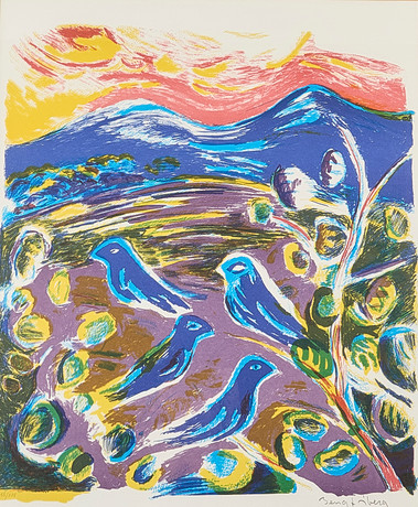 SVEN LIDBERG. Fishing motif with figures, color lithography