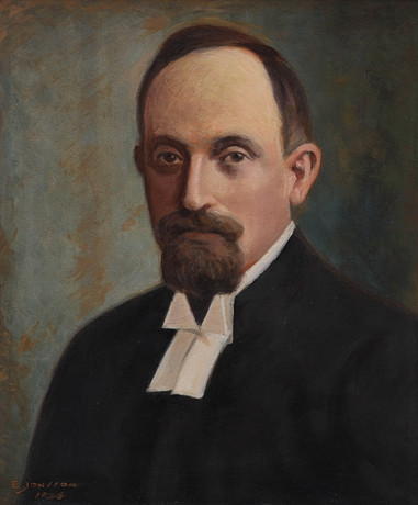 OIDENTIFIERAD KONSTNÄR. olja på duk, porträtt, signerad E. Jonsson. på auktion hos Auktionsmagasinet Vänersborg