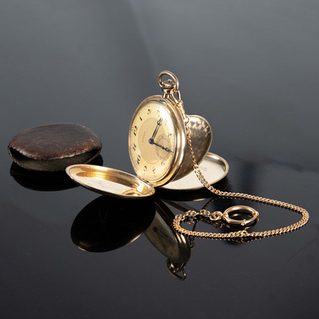 FICKUR MED KEDJA, Moeris, savonett, 14K respektive 18K guld, 1900-talets första hälft.