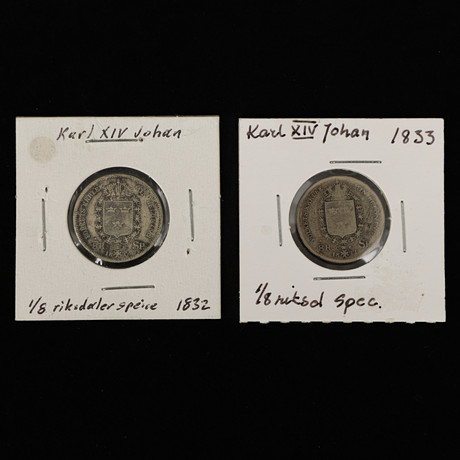 MYNT, 2 st, Karl XIV Johan, 1/8 riksdaler, 1832.