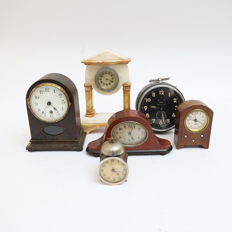 BORDSUR, 6st, väckarur Wehrle, junghans med flera, 1900-talets första hälft.