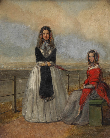 OIDENTIFIERAD KONSTNÄR. olja på pannå, damer på strandpromenaden, 1800-tal. på auktion hos Auktionsmagasinet Vänersborg