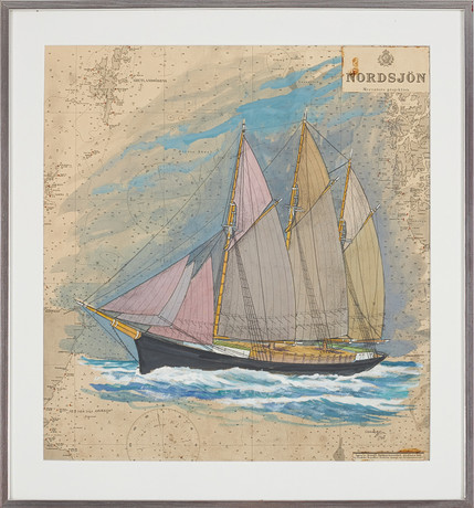 AXEL OLSSON. "Med trä till Aberdeen", gouache på sjökort, signerad och daterad, -83. på auktion hos Stockholms Auktionsverk Sickla