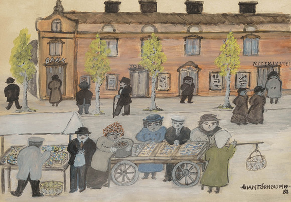 ALLAN TÖRNBLOM. Blandteknik på papper "Folk-strömning på Rådhustorget" signerad, daterad 1982. på auktion hos Norrlands Auktionsverk