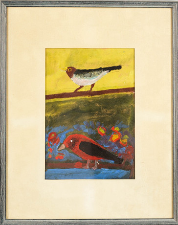 ALFRED FREDRIKSSON. Blandteknik på papper, "En glad och en ledsen fågel", Signerad, 1970. på auktion hos Norrlands Auktionsverk