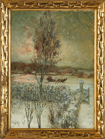 HUGO VILFRED PEDERSEN. (DANMARK, 1870-1959). Vintermotiv i skymning med hästsläde, Signerad Hugo v p, olja på på auktion hos Crafoord Auktioner Stockholm