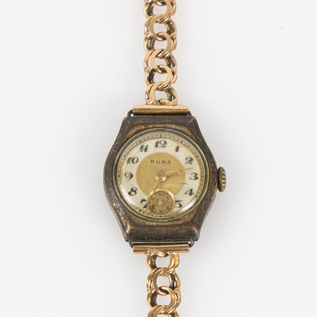 RUNA, armbandsur, 21,5 mm, gulmetall, ca 1935. på auktion hos Stockholms Auktionsverk Helsingborg