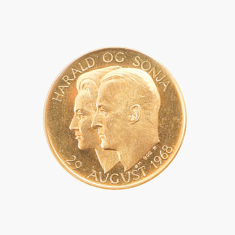 JUBILEUMSMYNT, "Harald og Sonja" 21,6k guld, Norge, 1968. på auktion hos Göteborgs Auktionsverk