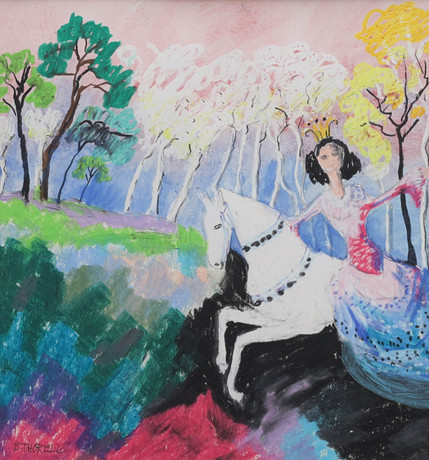 BRITA THORELL. pastell, prinsessa på vit springare, signerad B Thorell. på auktion hos Auktionsmagasinet Vänersborg