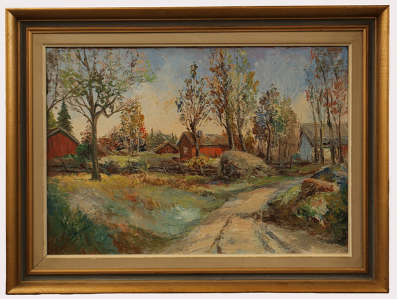 EINAR LANTZ. Olja på pannå, lantgård med flera byggnader, signerad. på auktion hos Limhamns Auktionsbyrå